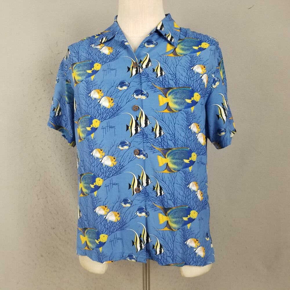 Guy Harvey Shirt Womens Medium Blue Tropical Fish Hawaiian Aloha Rayon USA